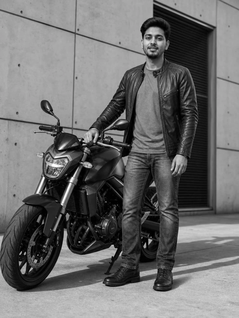 Person standing beside a street motorcycle in a modern concrete setting captured in dramatic black and white photography.