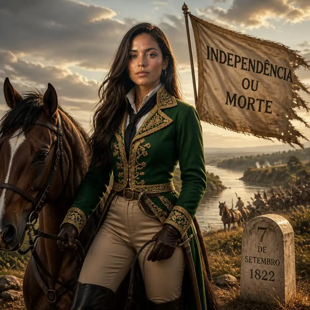 Mulher vestida de verde e amarelo montada a cavalo em homenagem ao 7 de Setembro