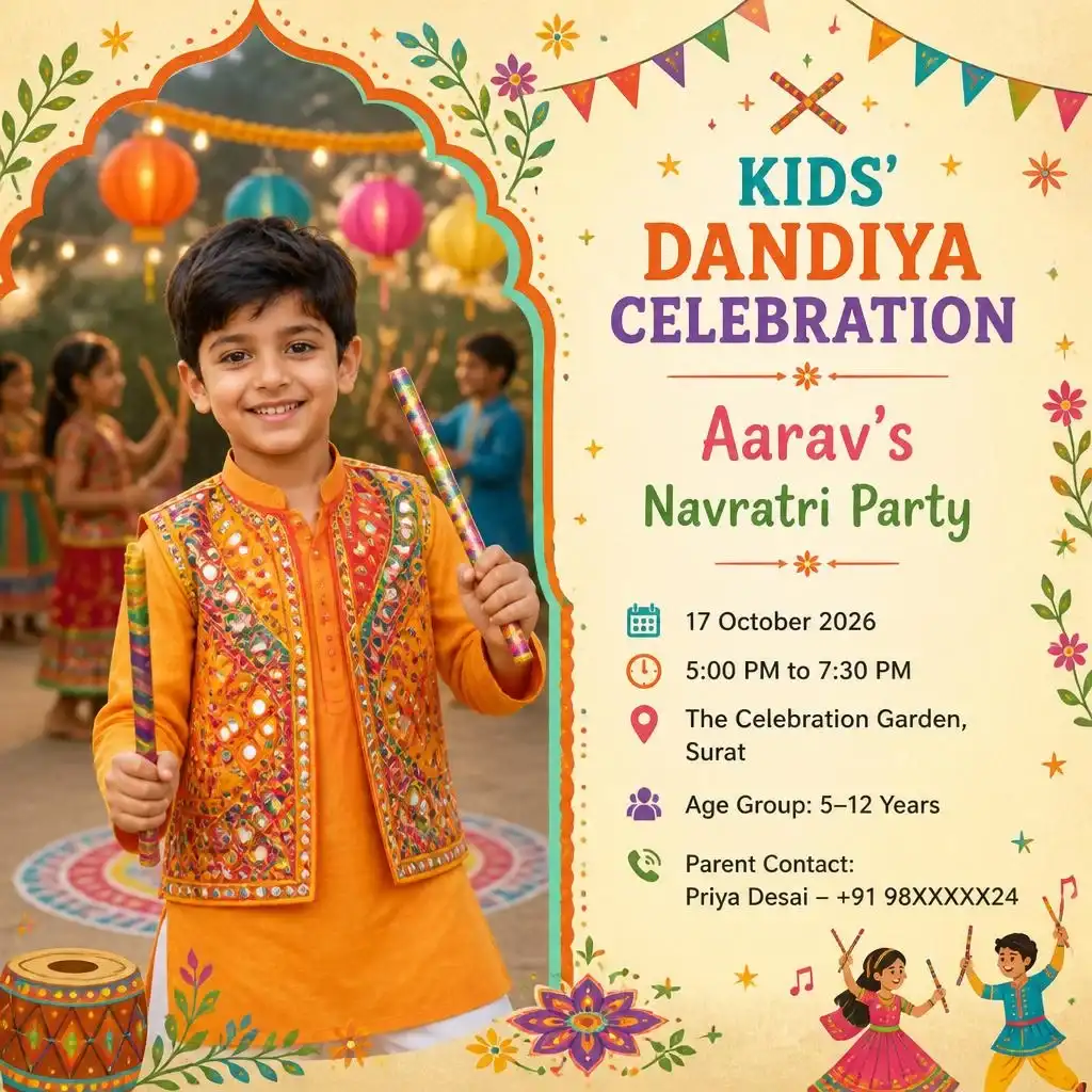 Kids’ Dandiya celebration invitation featuring a child in traditional festive clothing with colorful dandiya sticks.