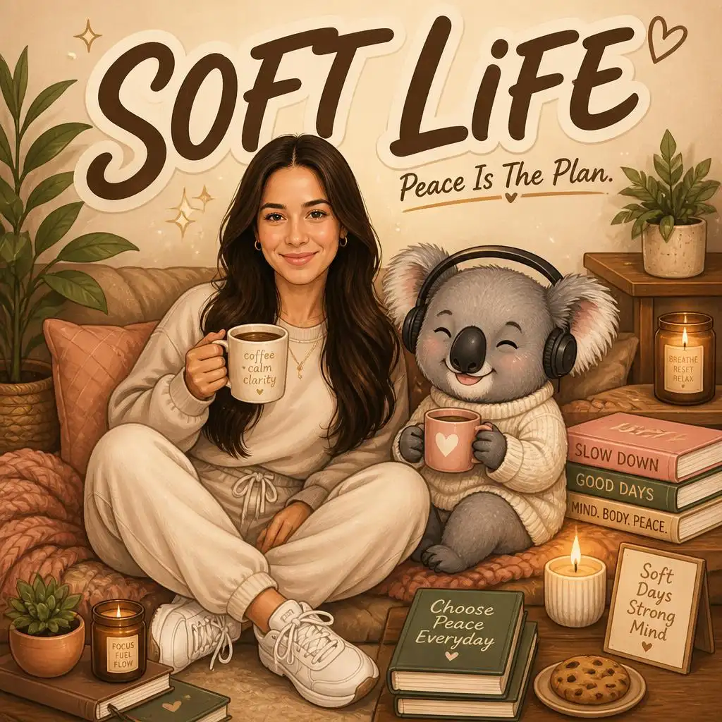 Cozy female mascot poster with a cute koala, coffee, books, plants, and the text “Soft Life.”