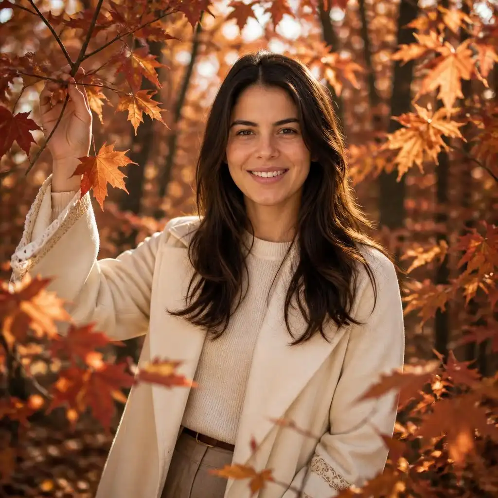 Person standing among orange and burgundy autumn leaves with branches framing the portrait.