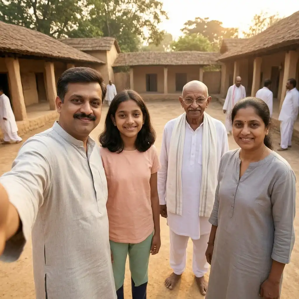 Family taking a selfie with Mahatma Gandhi Ji in a peaceful rural Indian ashram courtyard.