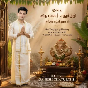 Man in traditional veshti praying before a clay Vinayagar surrounded by kolam, flowers, banana leaves and brass lamps.