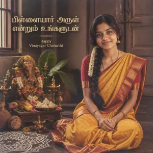 Tamil woman in a traditional silk saree celebrating Vinayagar Chaturthi in a vintage Tamil home.