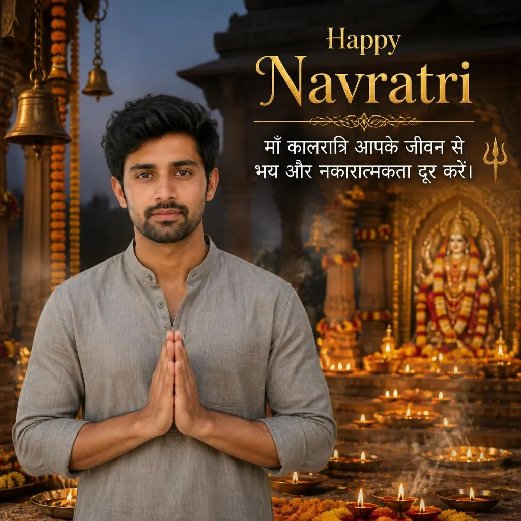 Man celebrating Navratri at a traditional Delhi-UP temple courtyard with diyas, marigolds and a Devi shrine.