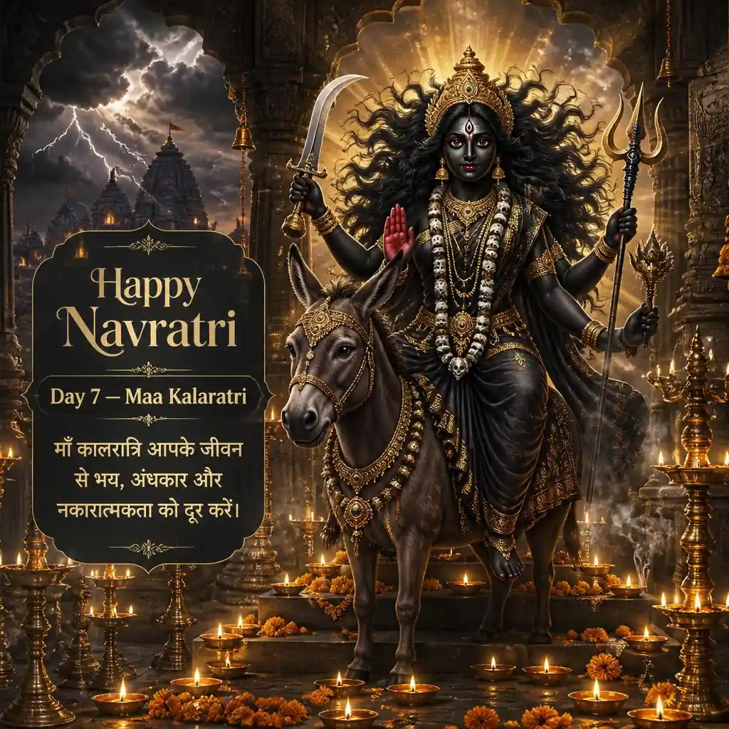 Maa Kalaratri in a peaceful North Indian temple surrounded by glowing diyas and warm golden light.