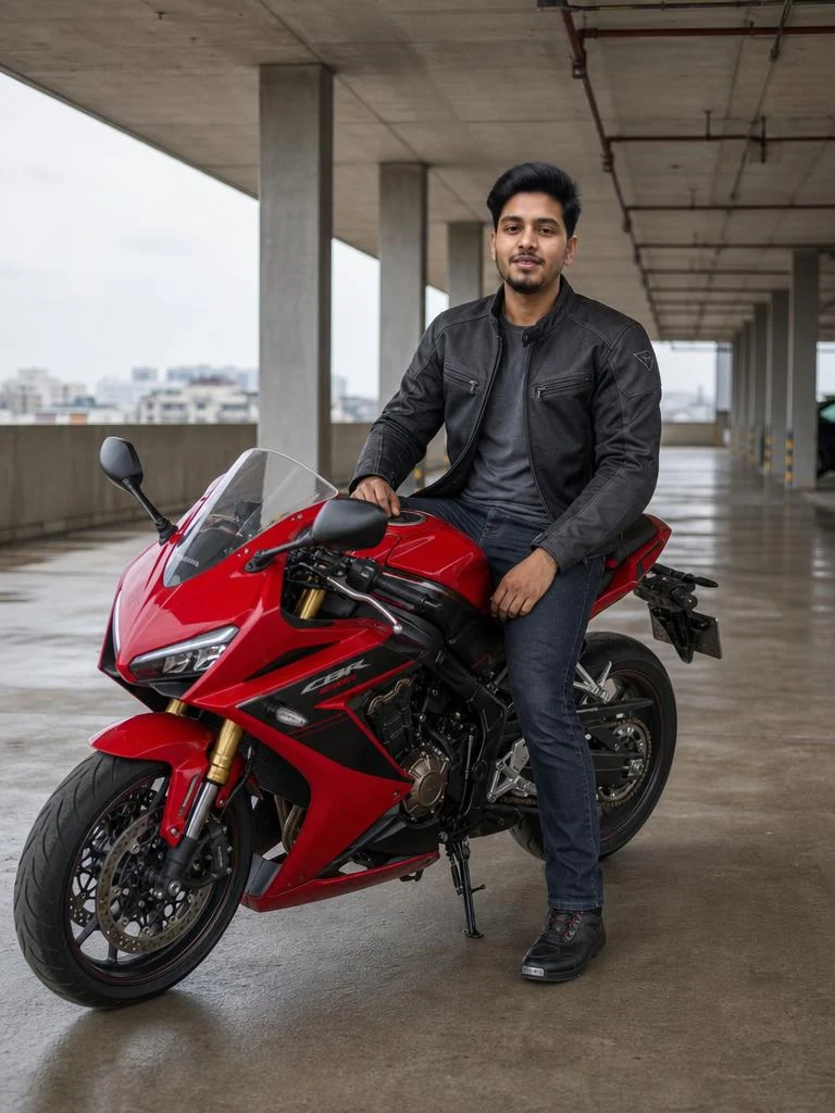 Person sitting naturally on a red sports motorcycle in a rooftop parking structure with modern concrete architecture.