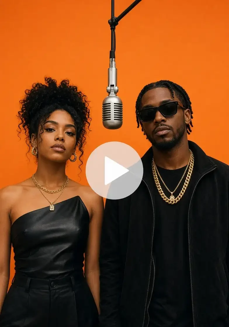 Stylish woman and man in sunglasses in orange COLORS booth with hanging mic and play button.