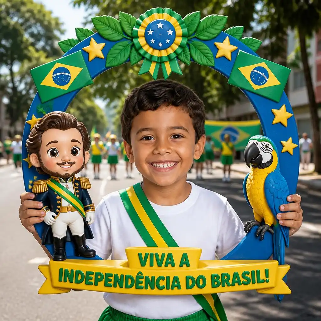 Crianças brasileiras celebrando o 7 de Setembro com bandeiras do Brasil