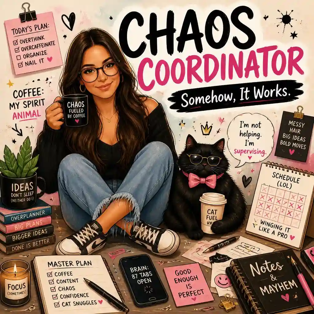 Humorous female mascot poster with a black cat, coffee, planner, phone, and the text “Chaos Coordinator.”