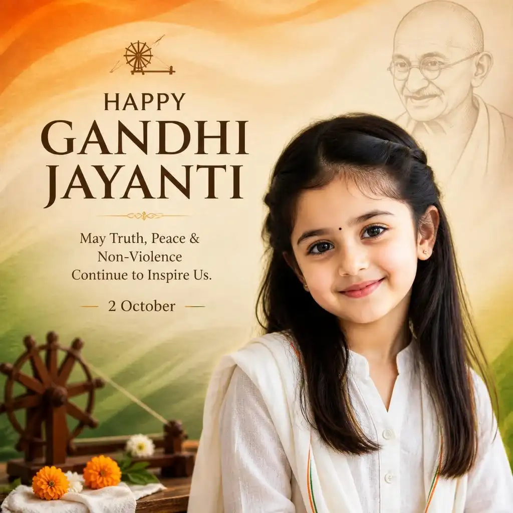 Person in white khadi attire featured in a Gandhi Jayanti poster with a charkha, tricolour background, and Gandhi silhouette.