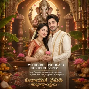 Traditional couple posing together beside a dimensional 3D Vinayaka with flowers, mango leaves and festive decorations.