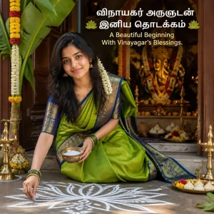 Tamil woman creating a white kolam outside a traditional home with a decorated Vinayagar shrine behind her.