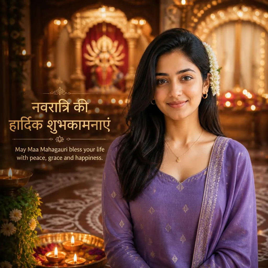 Woman in purple traditional clothing at a Bengali Durga Puja-inspired pandal with flowers and festive lamps.