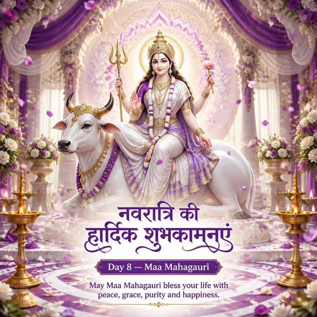 Maa Mahagauri seated on a white bull in a purple and white Durga Puja-inspired pandal.