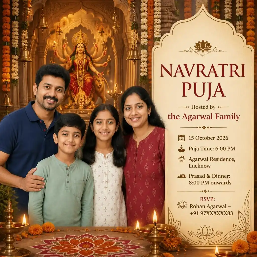 Family Navratri invitation with a family celebrating near Maa Durga, diyas, flowers, and traditional decorations.