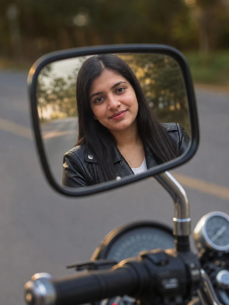 Biker profile picture showing a persons face reflected clearly inside a motorcycle rear view mirror on an outdoor road.