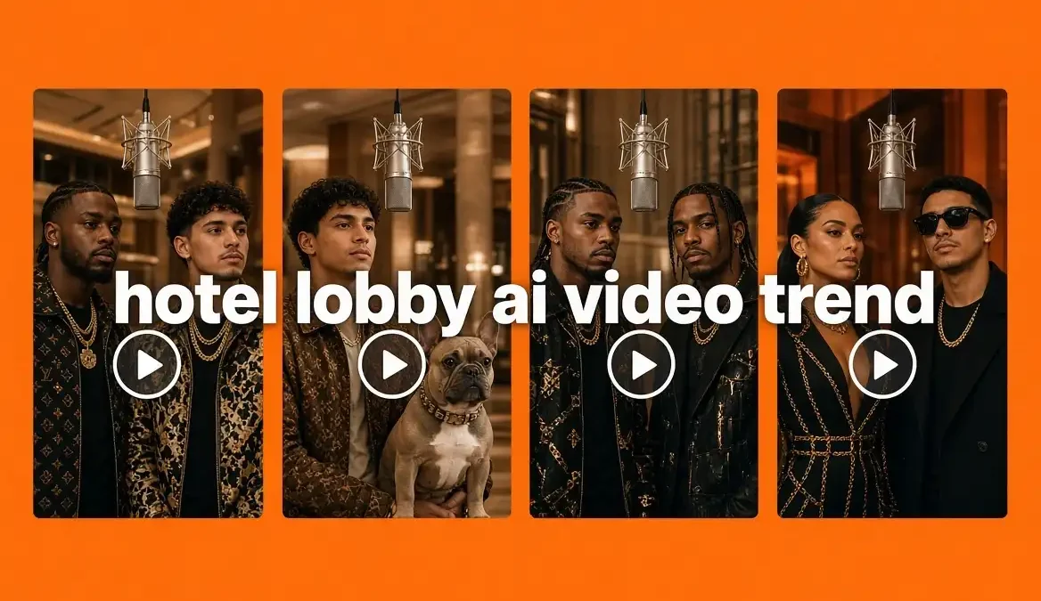 Orange banner with four Hotel Lobby AI videos and the text "hotel lobby ai video trend.