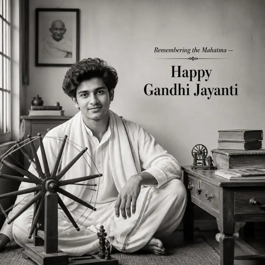 Person in traditional white khadi attire in a vintage 1940s-inspired setting with a wooden charkha and Gandhi Jayanti message.