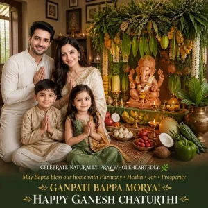 Family celebrating Goan Chavath around a natural clay Ganpati decorated with a traditional Matoli canopy.