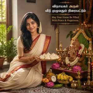 Tamil woman offering a plate of homemade kozhukattai to Vinayagar during a home puja.