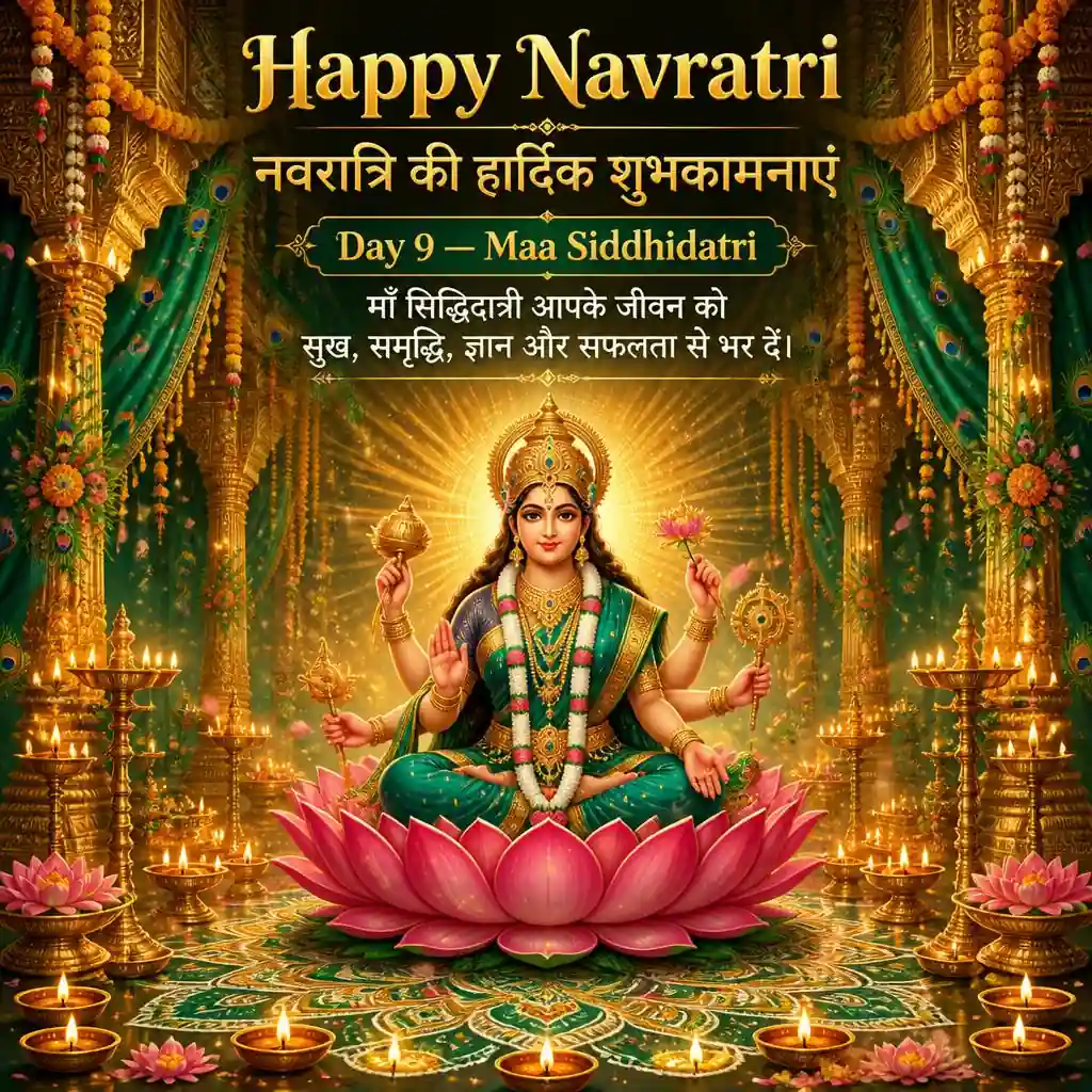 Maa Siddhidatri seated on a lotus in a peacock-green and gold temple decorated with diyas and rangoli.