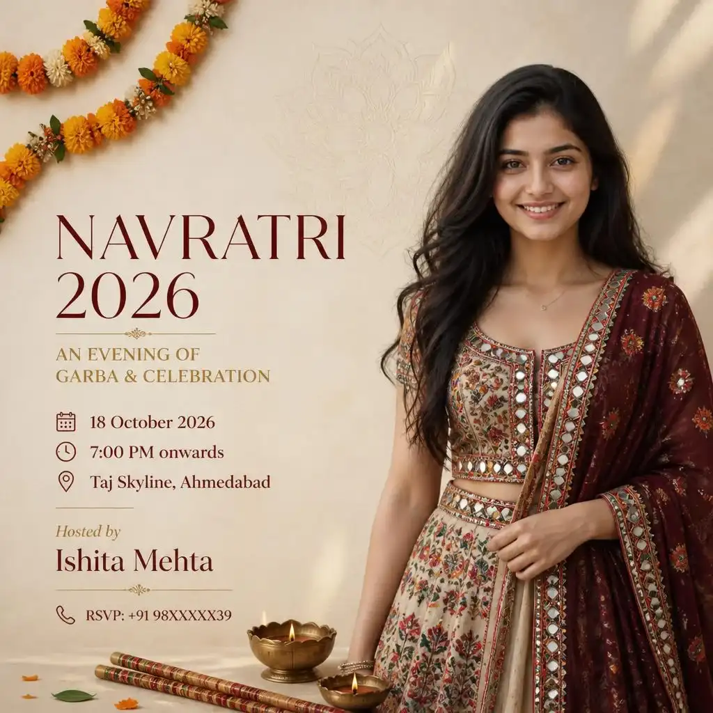 Minimal Navratri invitation featuring a girl in a modern event space with subtle festive decorations.
