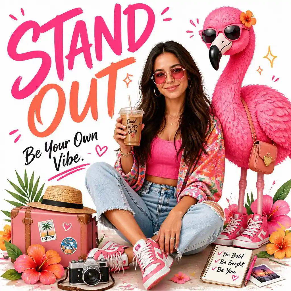 Vibrant female mascot poster with a pink flamingo, iced coffee, flowers, camera, and the text “Stand Out.”