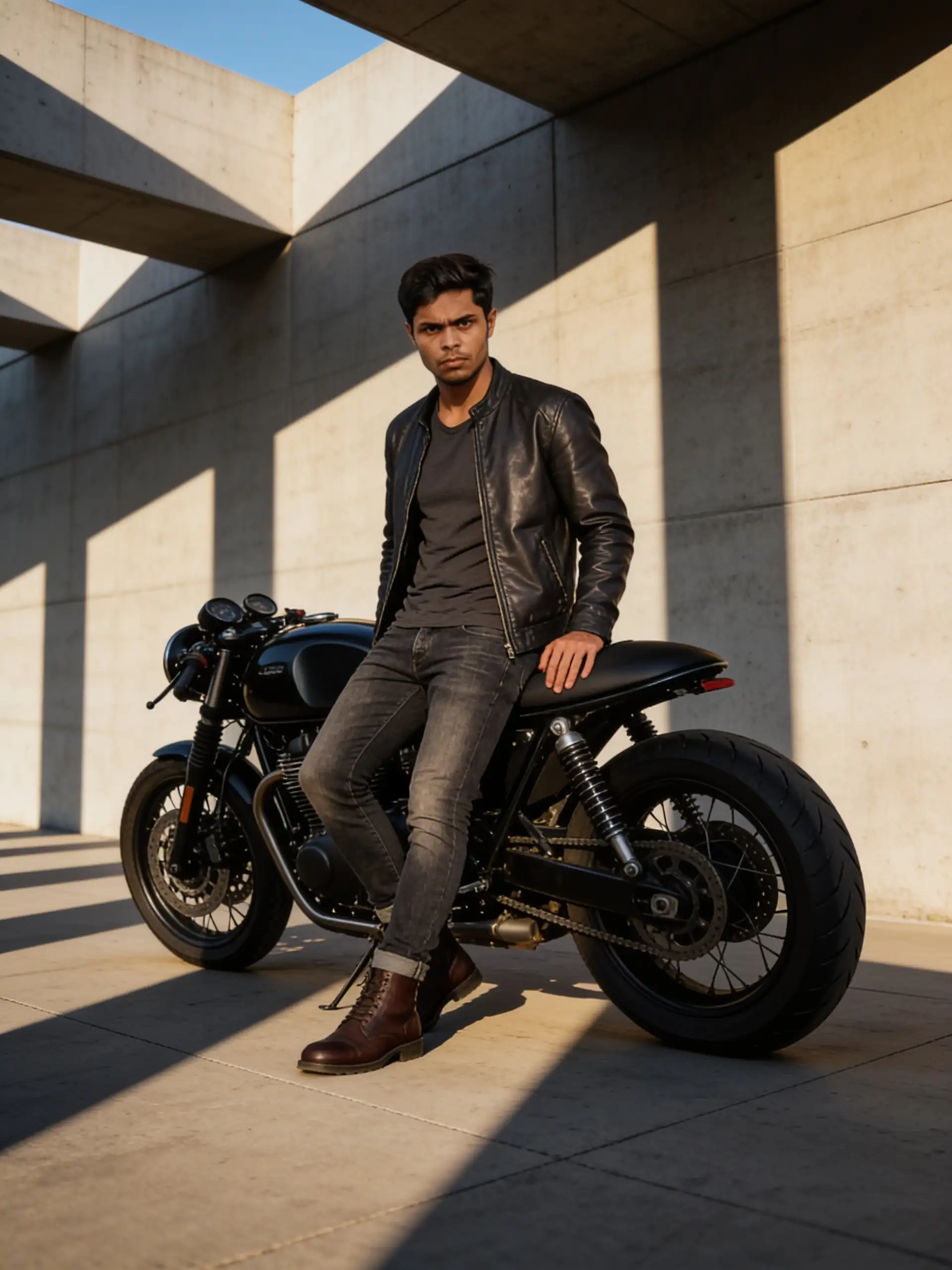 Person in stylish dark clothing posing beside a matte black cafe racer motorcycle with bold architectural shadows.