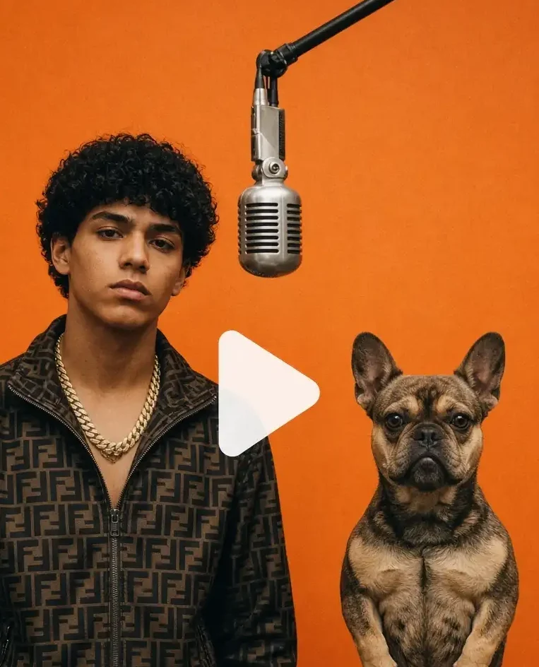 Young man and upright French Bulldog in orange COLORS booth with hanging mic and play button.