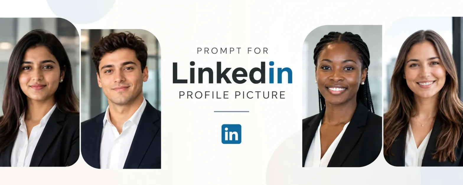 Simple professional banner featuring four diverse corporate portraits with the text Prompt for LinkedIn Profile Picture.