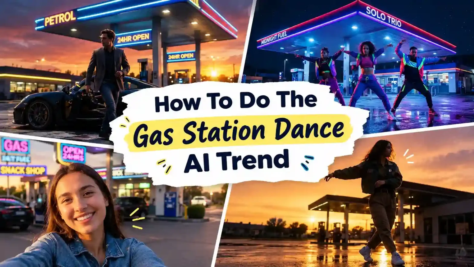 Gas Station Dance AI Trend banner featuring dancers, cars, and gas station scenes.