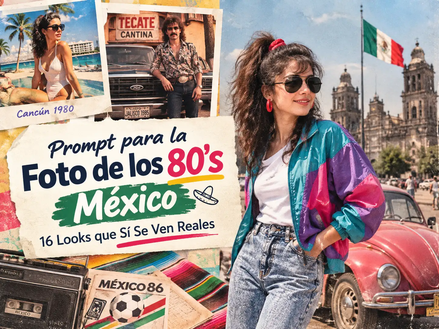 Foto de los 80 en México con estilo retro, vocho y Zócalo