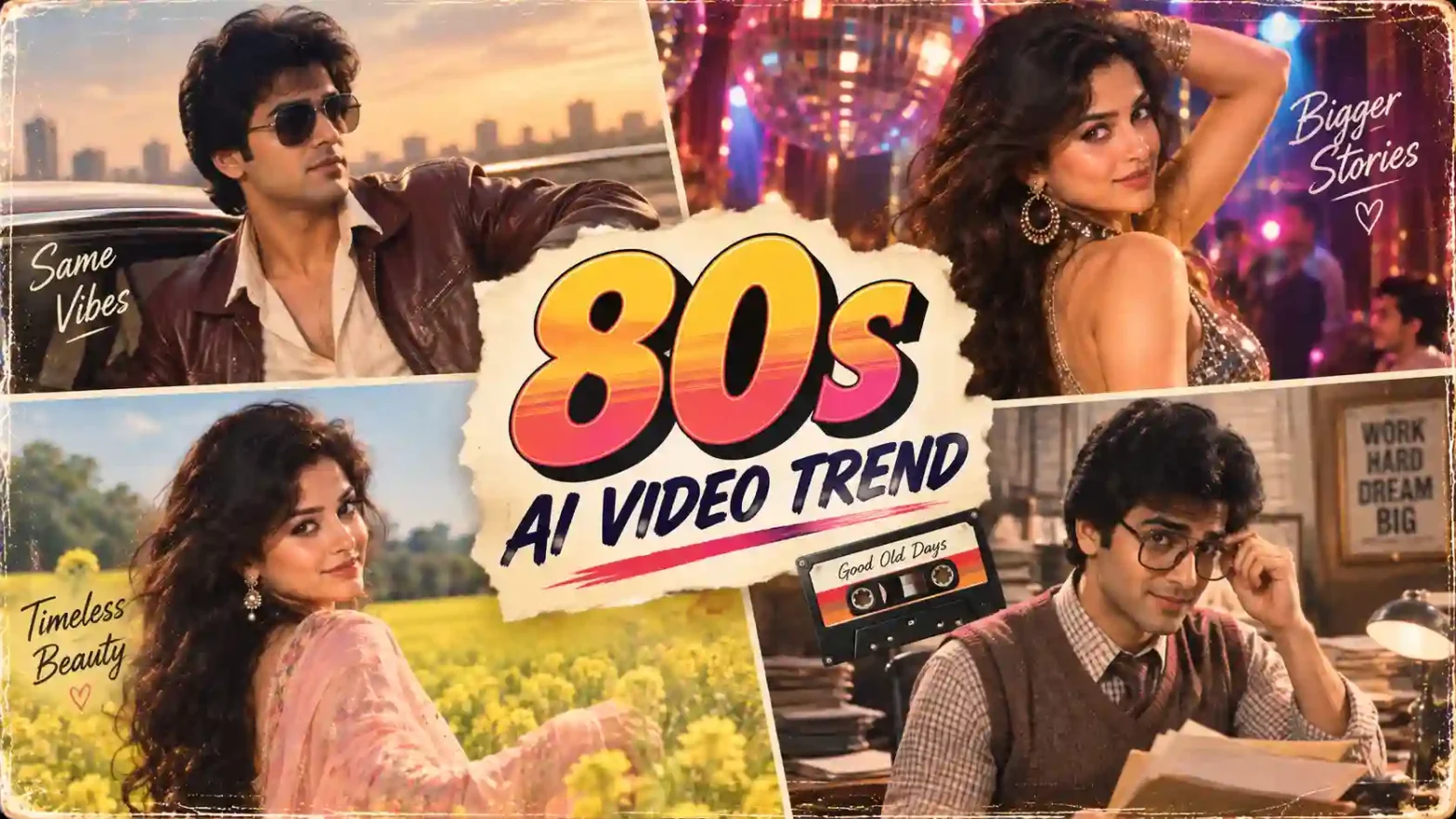 80s AI video trend banner by LightX featuring two Indian men and two women in retro Bollywood inspired looks and scenes.