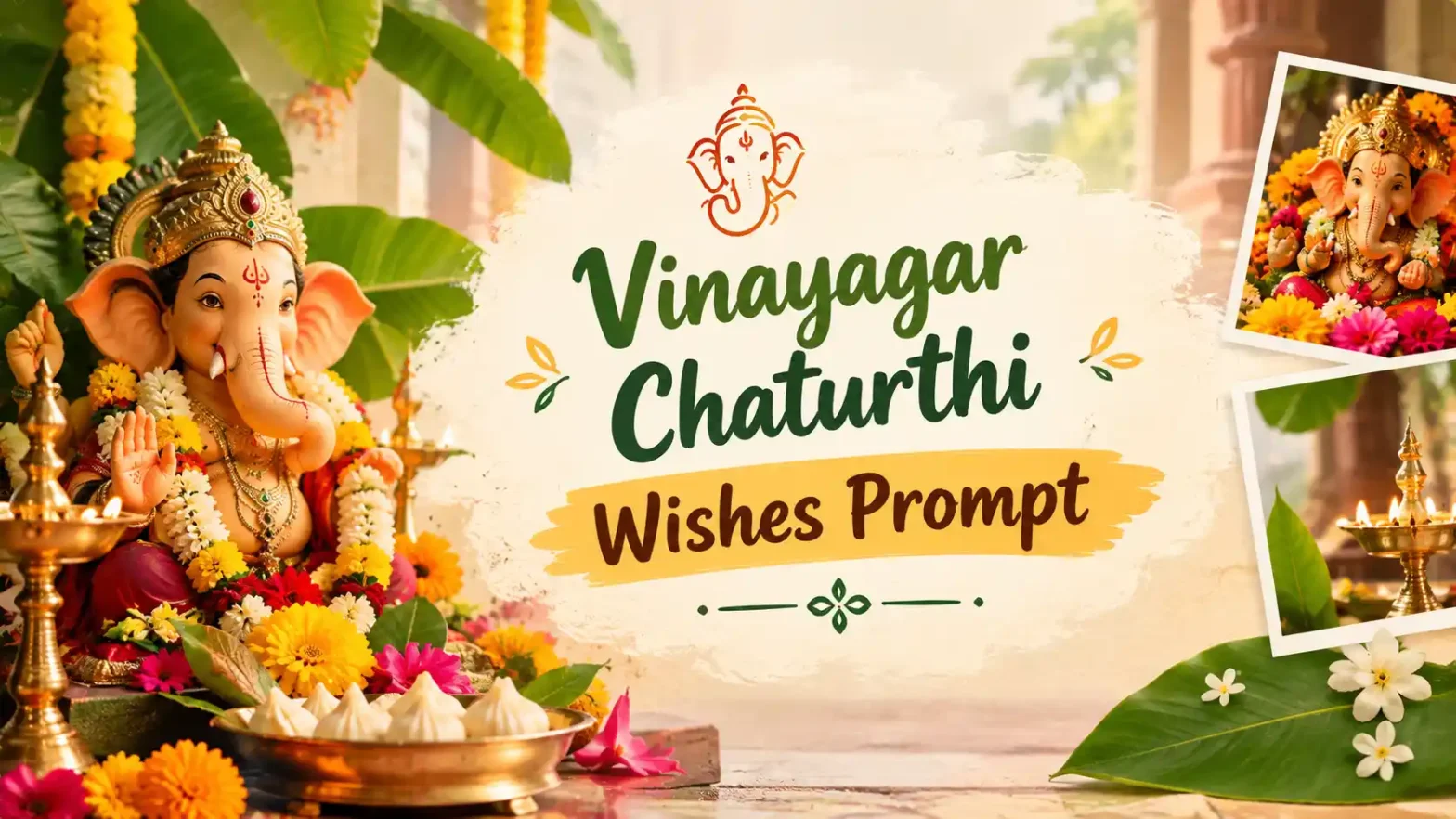 Alt text: Vinayagar Chaturthi wishes prompt banner featuring Lord Ganesha, festive flowers, diyas, modaks, and traditional decorations.