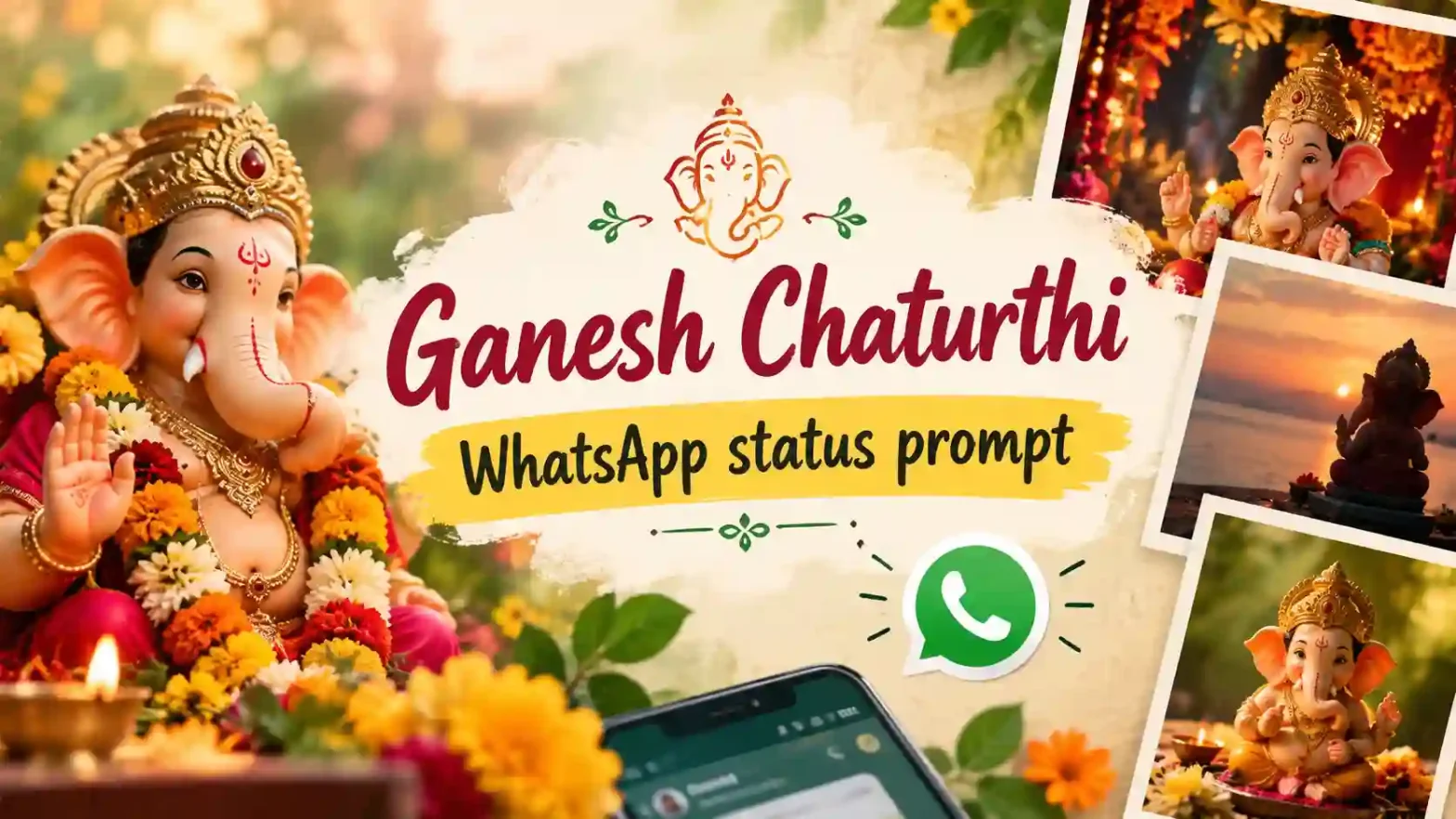 Alt text: Ganesh Chaturthi WhatsApp status prompt banner featuring a decorated Lord Ganesha idol, festive flowers, diyas, and WhatsApp-themed elements