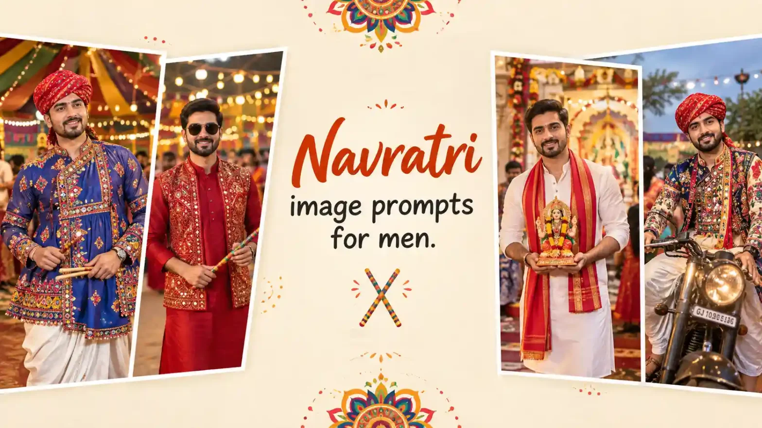 Navratri image prompts for men banner featuring four festive Indian men in traditional Gujarati outfits, dandiya, and Navratri celebrations.