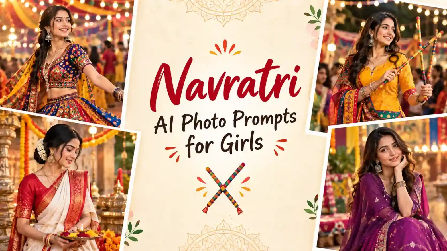 Navratri AI photo prompts for girls banner featuring four Indian women in colorful traditional outfits at festive Navratri celebrations, with dandiya and diya decorations.