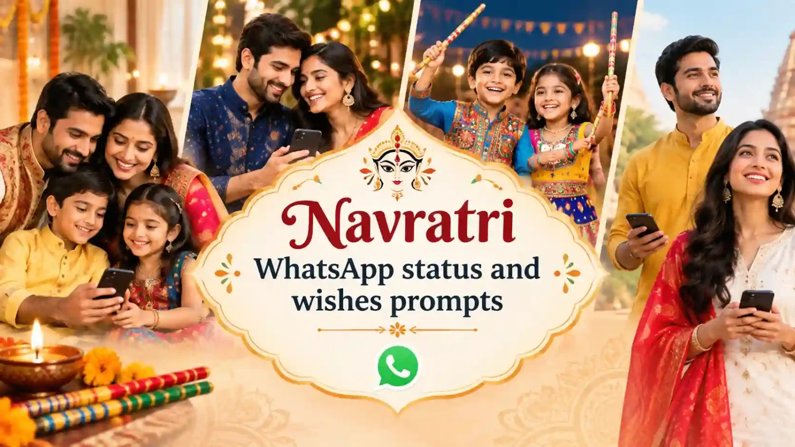 Navratri WhatsApp status and wishes prompts banner featuring a family, couple, children, and an individual man and woman in festive traditional outfits.
