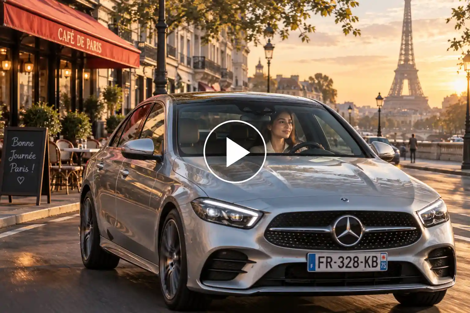 Woman driving a silver Mercedes through Paris at sunrise with the Eiffel Tower in the background.