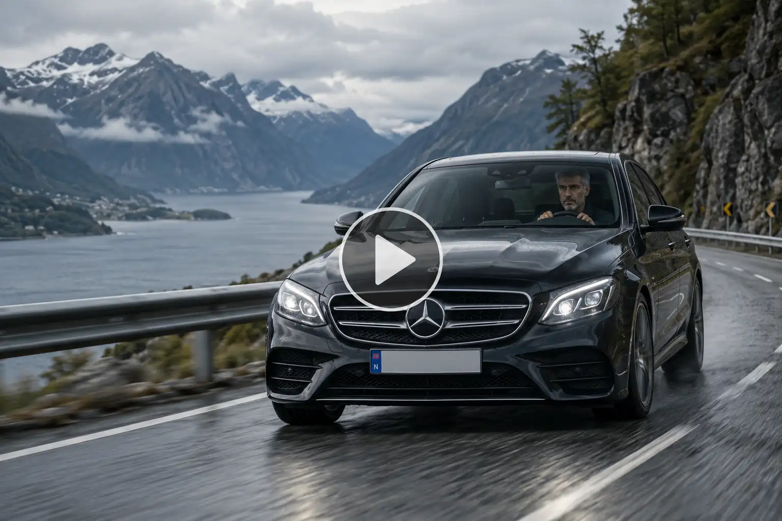 Mercedes driving along a winding Norwegian fjord road surrounded by rocky mountains and blue water.