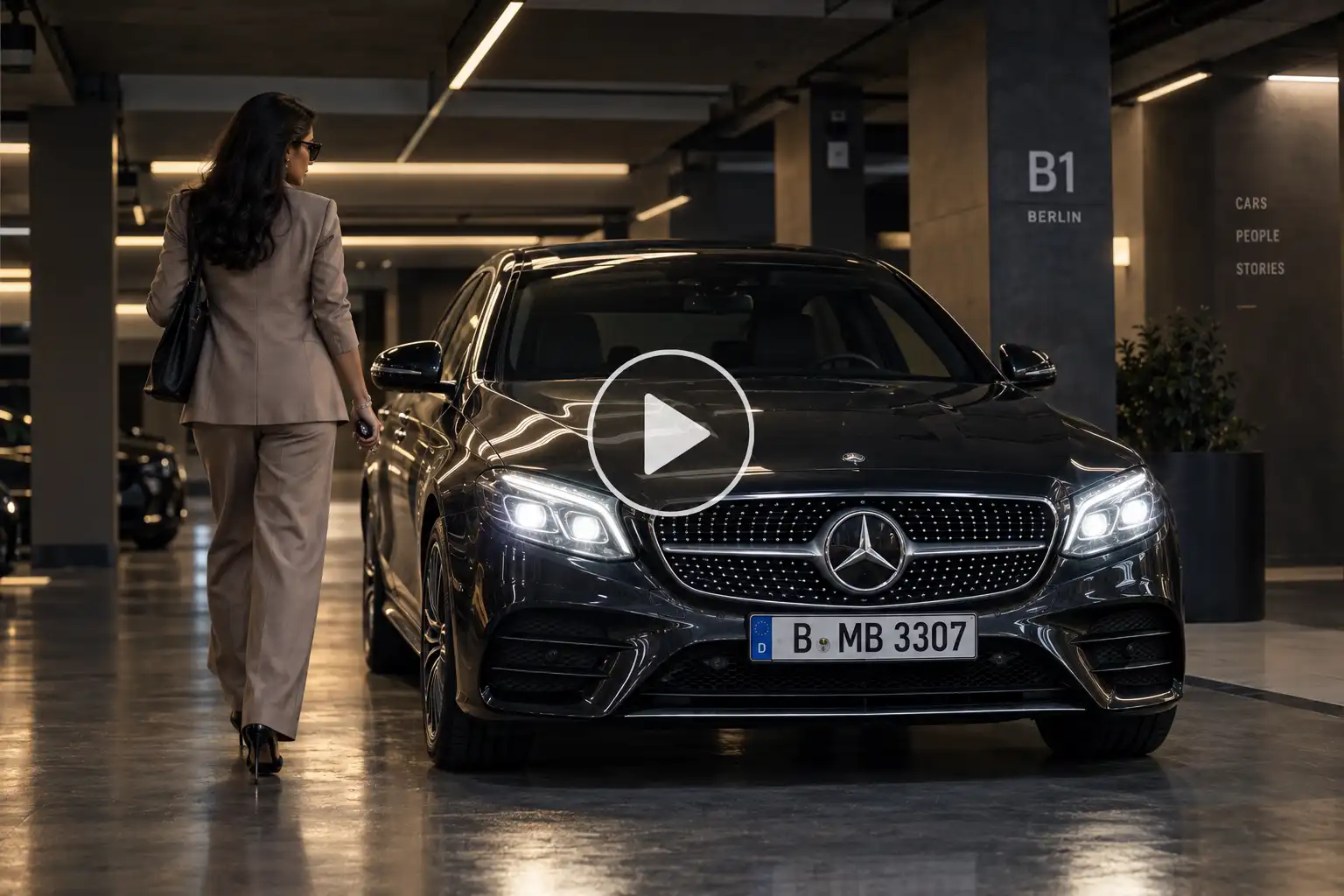 Person revealing a Mercedes inside a modern underground parking gallery in Berlin