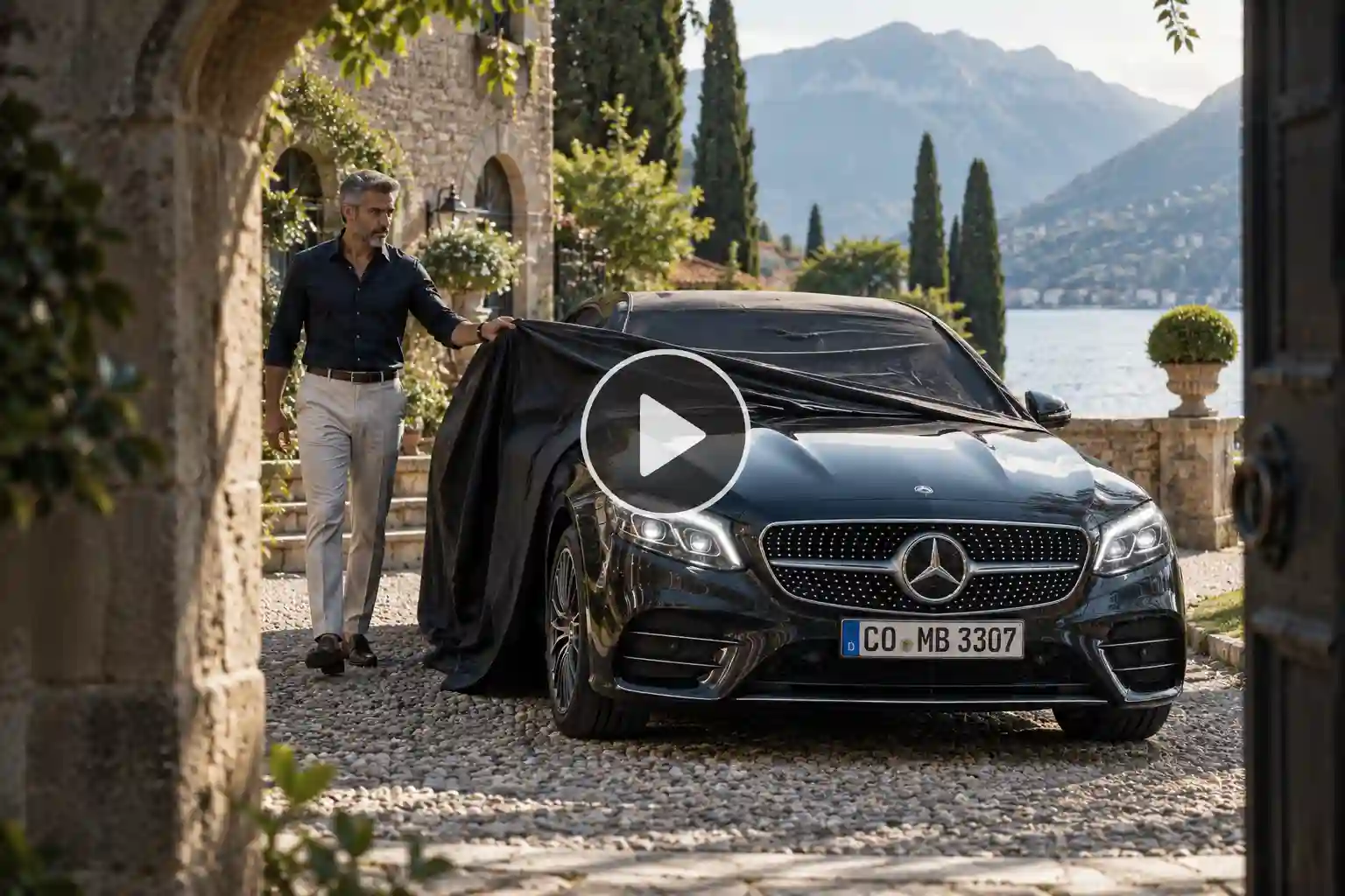 Person unveiling a Mercedes at a historic Italian villa near Lake Como.