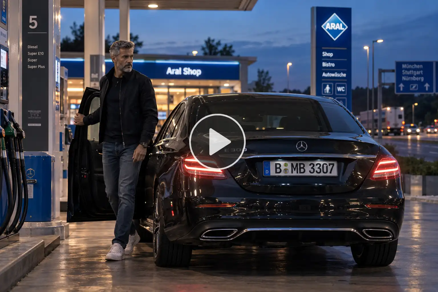 Person stopping at a German highway fuel station beside a Mercedes during blue hour