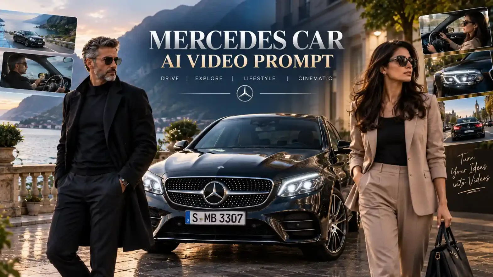 Mercedes car AI video prompt banner featuring a luxury Mercedes with a stylish man and woman in cinematic driving scenes.