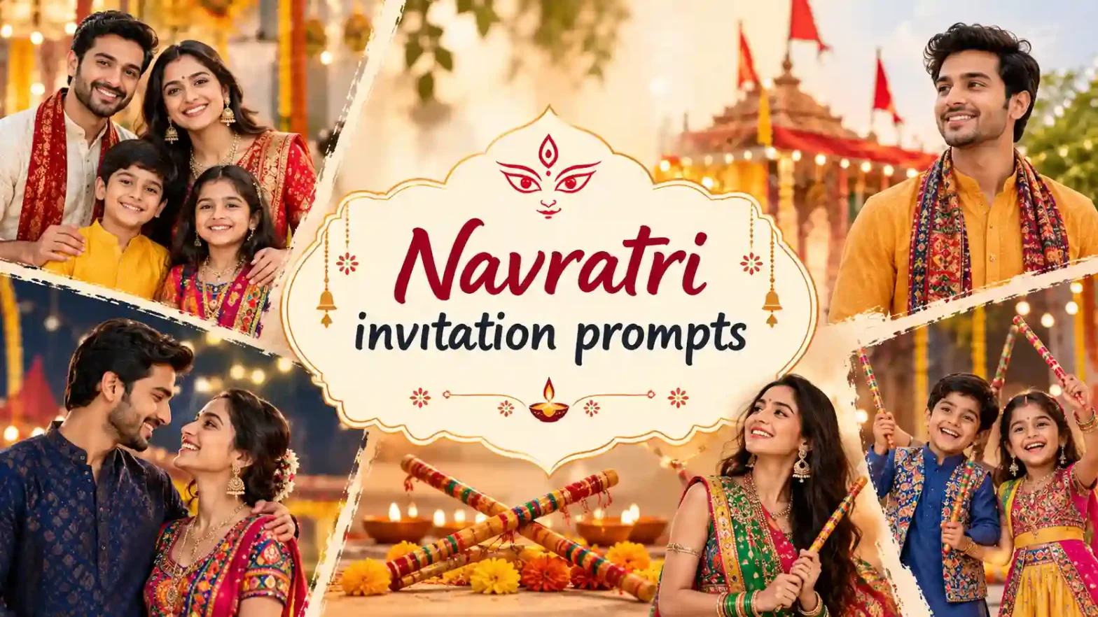 Navratri invitation prompts banners featuring an Indian family, couple, man, woman, and children in colorful traditional outfits with festive dandiya décor.