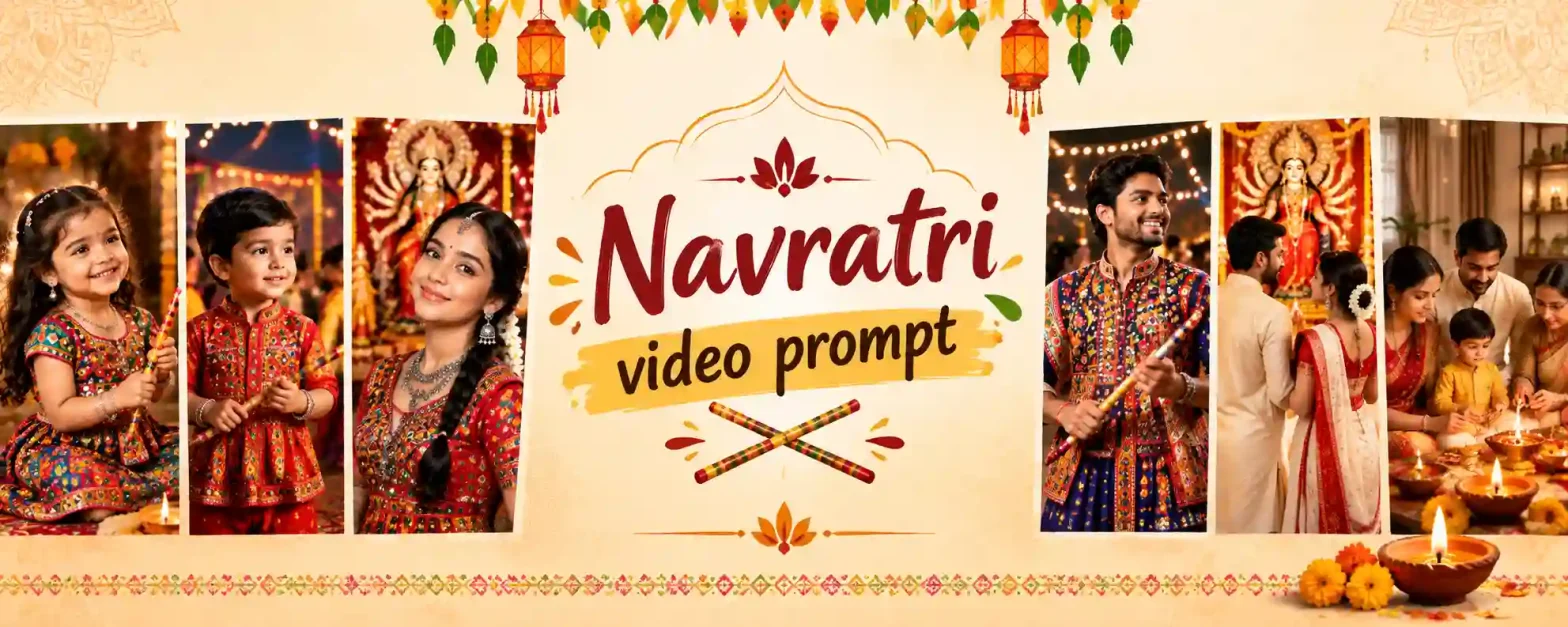 Navratri video prompt banner with children, women, men, and family celebrating in colorful traditional outfits with dandiya, diyas, and festive decorations.