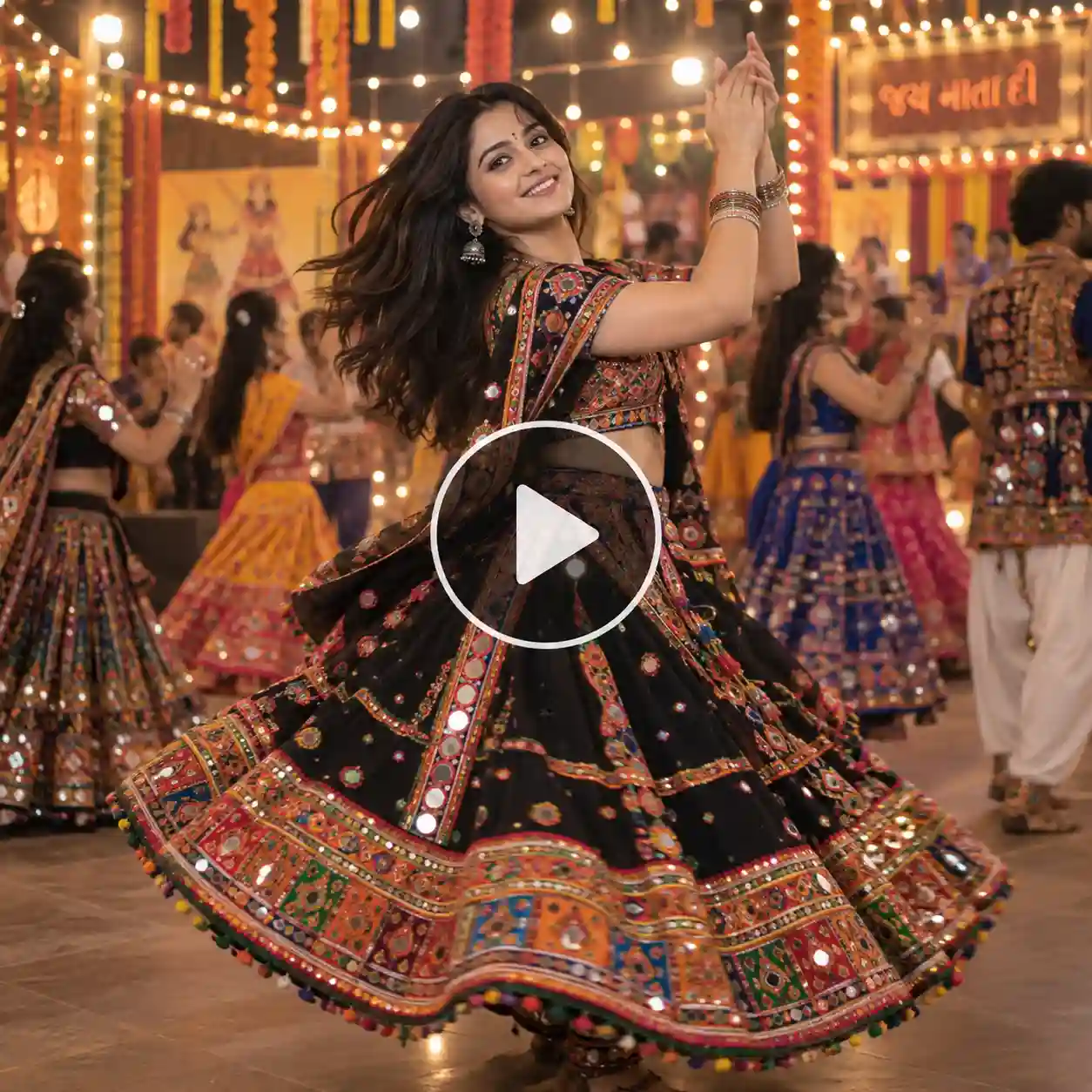 Woman performing a mid-twirl during a colorful Navratri Garba celebration.