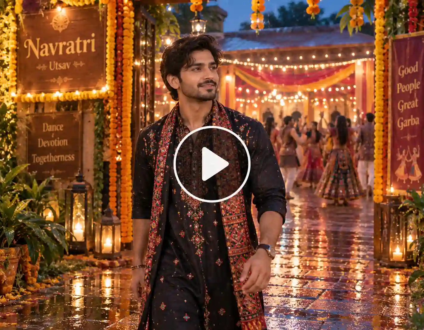 Man walking into a festive Navratri celebration after light rain.