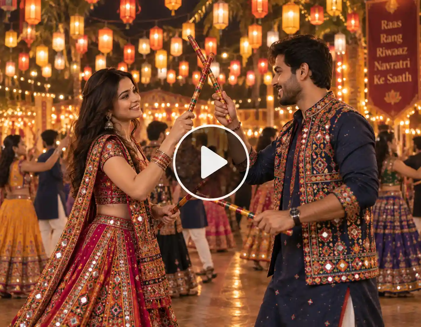 Couple dancing Dandiya together under warm hanging lanterns during Navratri